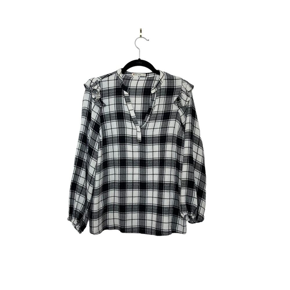 Marine Layer Jamie Ruffle Sleeve Top in Black/White Plaid Size M